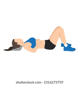 Woman doing semi supine laying down or constructive rest position exercise. Flat vector illustration isolated on white background