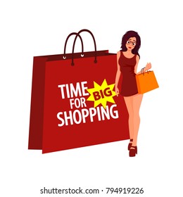 Woman doing shopping, big bag for big shopping ,vector cartoon flat illustration with isolated on white background