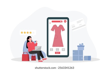 
Woman doing shopping and buying clothes from online clothing store through smartphone and credit card. online store sale shopping concept.