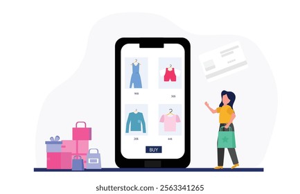 
Woman doing shopping and buying clothes from online clothing store through smartphone and credit card. online store sale shopping concept.