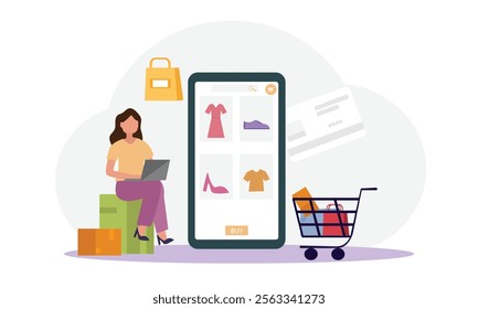 
Woman doing shopping and buying clothes from online clothing store through smartphone and credit card. online store sale shopping concept.