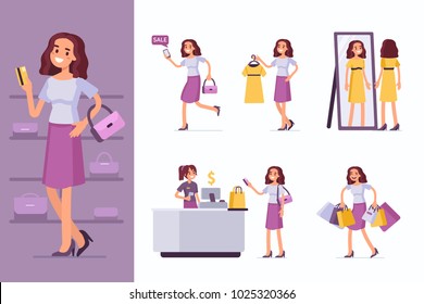 
Mujer haciendo compras en la tienda de ropa. Ilustración vectorial de estilo plano aislada en fondo blanco.