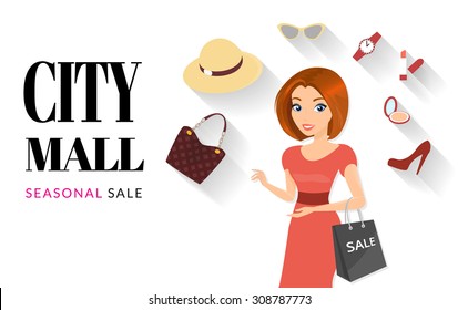 Woman doing shopping illustration with shadows isolated on white. Text outlined