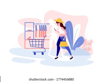 A woman is doing shopping on a mall to buy a new clothes. She's wear trendy and casual outfit. She's use a bucket to collect what she want to buy. Fashion is a new needs. Vector pastel color