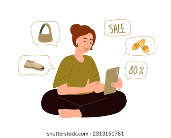 Woman doing shopping online with mobile phone, buying clothes on sale.Customer buyer using smartphone, making purchases through internet at home. Flat vector illustration isolated on white background