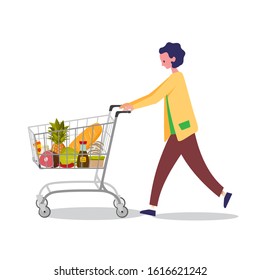 Woman doing shopping in Supermarket with shopping basket. Vector illustration.