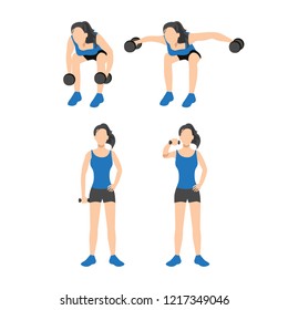 Woman doing shoulder exercise. Bent over shoulder dumbbell lateral raise. and dumbbell front raise vector illustration