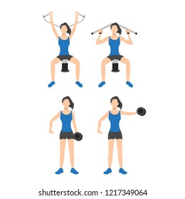 Woman doing shoulder exercise. Dumbbell Lateral raise and Shoulder machine press isolated character set