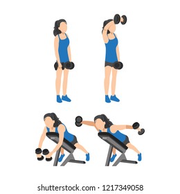 Woman doing shoulder exercise. One arm dumbbell front shoulder raises and reverse flyes on bench