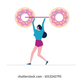 Woman doing shoulder press exercise with a Donut weight bar. Abstract exercise concept. flat vector illustration