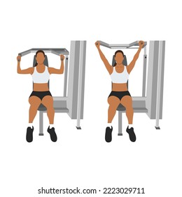 Woman doing a shoulder press exercise on a weight machine exercise. Flat vector illustration isolated on white background