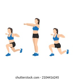 Woman doing shoulder squeeze reverse lunge exercise. Flat vector illustration isolated on white background