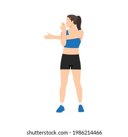Woman doing Shoulder stretch exercise. Flat vector illustration isolated on white background