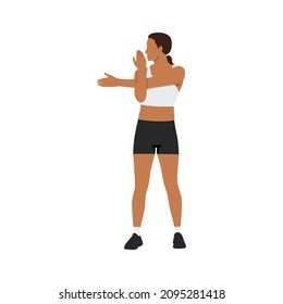 Woman doing Shoulder stretch exercise. Flat vector illustration isolated on white background