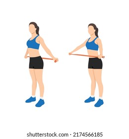 Woman doing Shoulder stretch with long resistance band exercise. Flat vector illustration isolated on white background