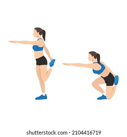 Woman doing Shrimp squat exercise. Flat vector illustration isolated on white background