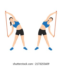 Woman doing side bends with long resistance band exercise. Flat vector illustration isolated on white background