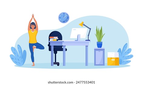 Mujer haciendo flexiones laterales, estiramiento. Empleado trabajando desde casa u oficina haciendo ejercicios deportivos en el lugar de trabajo para descansar y relajarse. Eliminar la tensión y el dolor muscular. Ejercicio físico