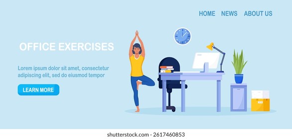 Woman doing side bends, stretching. Employee working from home or office doing sport exercises at workplace to get rest and relaxation. Removing tension and muscle soreness. Fitness workout