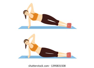 Woman doing Side Bridge Exercise in 2 step on blue mat. Illustration about introduction workout for abdominal muscle building.