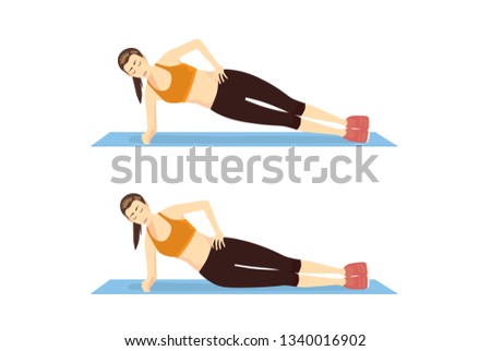 Woman doing Side Bridge Exercise in 2 step on blue mat. Illustration about introduction workout for abdominal muscle building.