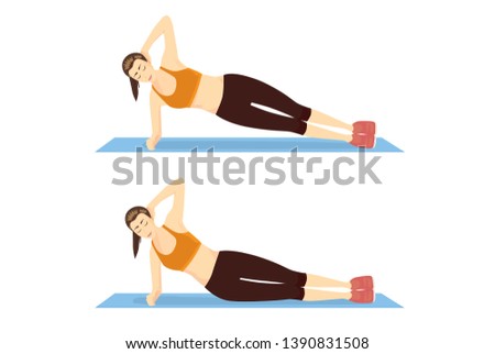 Woman doing Side Bridge Exercise in 2 step on blue mat. Illustration about introduction workout for abdominal muscle building.
