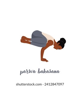 Woman doing side crane pose in white background. Parsva Bakasana exercise. balance and recreation. Flat vector illustration isolated on white background