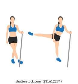 Woman doing side lateral leg or hip swings exercise. Flat vector illustration isolated on white background