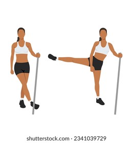 Woman doing side lateral leg or hip swings exercise. Flat vector illustration isolated on white background