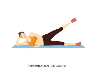 Woman Doing Side Leg Raise Exercise With Lying On Blue Mat. Illustration About Thighs Workout.