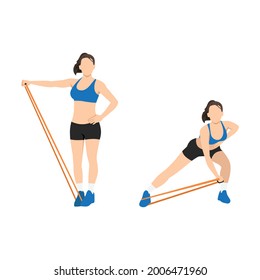 Woman doing Side lunge band lateral raise exercise. Flat vector illustration isolated on white background