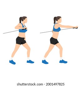 Woman doing Side to side lunge with chest presses exercise. Flat vector illustration isolated on white background