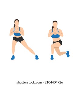 Woman doing Side lunge to curtsy lunge exercise. Flat vector illustration isolated on white background