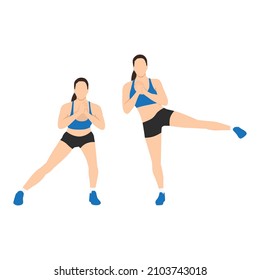 Woman doing Side lunge to leg lifts exercise. Flat vector illustration isolated on white background