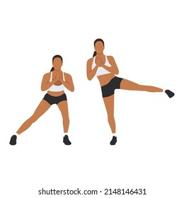 Woman doing Side lunge to leg lifts exercise. Flat vector illustration isolated on white background