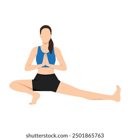 Frau tun Side Lunge Stretch Pose Gebetshände oder Skandasana Namaste Hände. Flache Vektorgrafik einzeln auf weißem Hintergrund