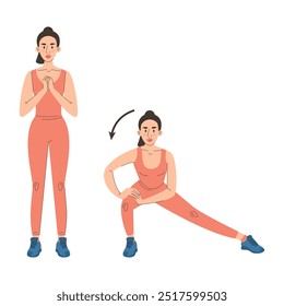 Mujer haciendo estocadas laterales ejercicio Vector aislado. Estiramiento para los isquiotibiales. Carácter femenino haciendo ejercicio de calentamiento antes del entrenamiento.