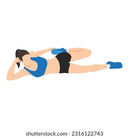 Woman doing side lying quad stretch exercise. Flat vector illustration isolated on white background