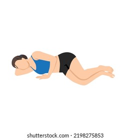 Woman doing Side Lying Savasana, Side Lying Corpse Pose, Side Fetal Pose. Parsva Savasana, Parsva Garbhasana. Flat vector illustration isolated on white background