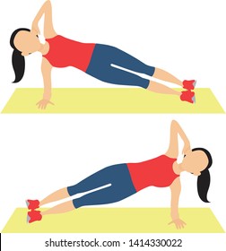 Woman doing a side plank for abdominal workout. This illustration about fitness. - Vector 