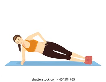 Woman Doing A Side Plank For Abdominal Workout On Blue Mat. This Illustration About Fitness.