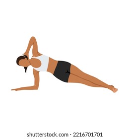Woman doing Side plank with crossed legs exercise. Flat vector illustration isolated on white background