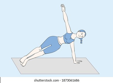 Woman doing side  plank indoor. Hand drawn style vector design illustrations