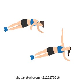 Woman doing Side plank rotation exercise. Flat vector illustration isolated on white background