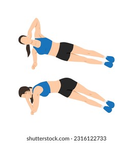 Woman doing side plank rotations or elbow twists exercise. Flat vector illustration isolated on white background