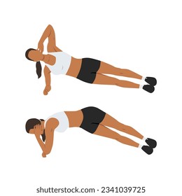 Woman doing side plank rotations or elbow twists exercise. Flat vector illustration isolated on white background