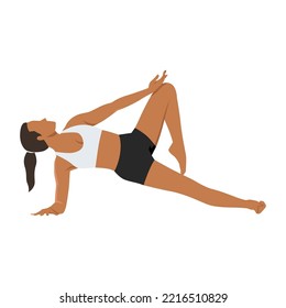Woman doing Side plank with tree legs exercise. Flat vector illustration isolated on white background