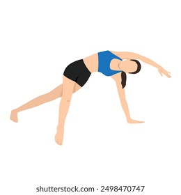 Woman doing Side Plank Twist Arm Overhead or Vasisthasana Twist Arm Overhead. Flat vector illustration isolated on white background