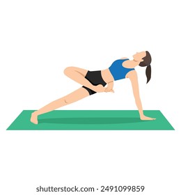 Woman doing Side Plank Variation Revolved Half Bound Pose or Vasisthasana Variation Parivrtta Ardha Baddha Asana. Flat vector illustration isolated on white background