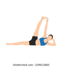 Woman Doing Side Reclining Leg Lift Pose, Vishnu Pose, Eternal One Pose. Practice Anantasana. Flat Vector Illustration Isolated On White Background